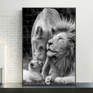 Afrikanische Löwenfamilie, Schwarz-Weiß-Leinwandkunst, Poster, Drucke, Tiere, Gemälde an der Wand, Bilder, Heimdekoration