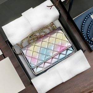 2.55 Mermaid Princess Dyed Rainbow Gradient Wallet With Chain Bags Lambskin Quilted Iridescent Colorful Multi Pochette Purse Vanity Coosmetic Case Handbags 20CM