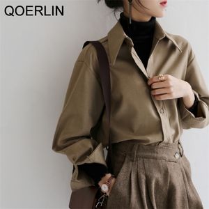 Qoerlin Coffee Blouse Spring Autumn Casual Color Solid Slave Longa Mulheres coreanas camisa solta de estilo de trabalho SXL 220805