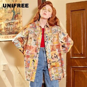 UNIFREE New autumn women shirts brown top trend personality printing lapel long sleeve loose shirt women tops T200321