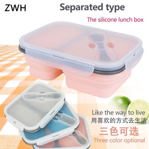 Silicone folding lunch box divided into two grid microwave portable dinner plate picnic 201015