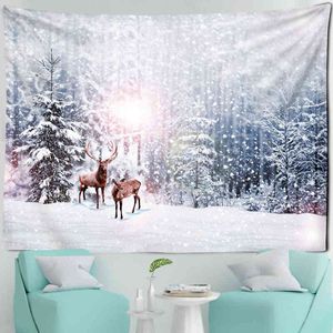 Arazzo di alce di Natale Scena di neve naturale Foresta Appeso a parete Illustrazione di cartoni animati Decorazioni per la casa J220804