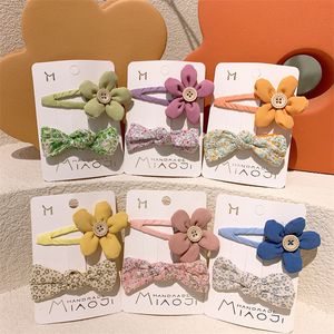 2 Pcs New Korean Sweet Girl Princess Floral Fabric Bow Hairpin Children's Simple Cute Button Flower BB Clip Hair Accessories