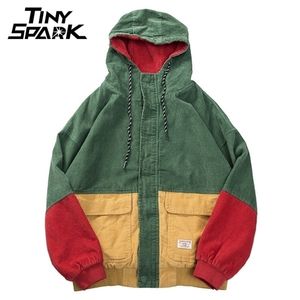 Hip Hop Hoodie Loose Jacket Men Winter Corduroy Jacket Harajuku Red Patchwork Autumn Hooded Bomber Jacket Coat Reggae Jamaica 201116