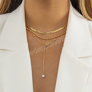 Colar de cadeia de cobra plana multicamada para mulheres pérola bola pingente gargantilha acessórios collier femme