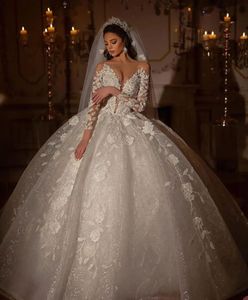 Shiny Luxury Appliques Wedding Dress Sheer Neck Long Sleeves Pearls Bridal Gowns Backless Long Train Formal Robe de mariee