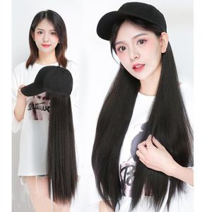 Ball Caps Long Straight Hat Wig Natural Brown Wigs Connect Synthetic Baseball Cap Hair Adjustable For WomenBall