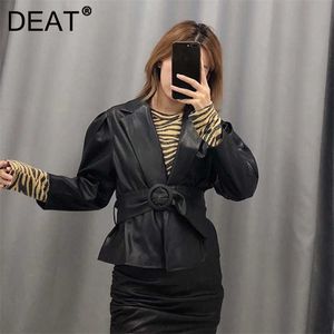 DEAT Women Belt Leather Jacket Arrivals V-neck Long Sleeve Fashion Temperament Streetwear Autumn Winter 11D1945 210709