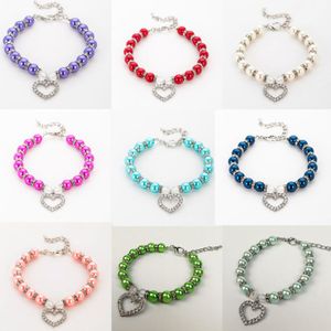 Bling Pet Dog Collars Fashion Love Pearl Pendant Crystal Diamond Cat Collar For Small Medium Dogs smycken halsband husdjur tillbehör