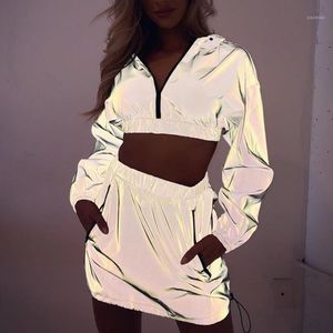 Women 2 Pieces Dress Set Reflective Long Sleeve Cropped Hoodies Mini Skirt Fashion Female Loose Zip Collar Pullover Femme Women's Two Piece