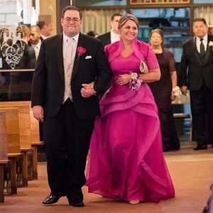 Elegant Fuchsia Mother Of The Bride Groom Dresses With Jacket Tiers Skirt Plus Size Ruffles Peplum Formal Party Wedding Guest Gowns 2022