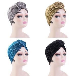 Nya kvinnor metalliska veckade turban glitter retro hijab huvud wrap beanie hatt muslimsk kemo mössa huvudduksbana hatt damer pannband