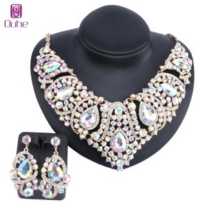 Women Statement Necklace Earring Costume Fashion Rhinestone Crystal Teardrop Choker Collar Wedding Party Gifts Jewelry Set