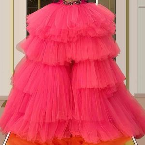 Röcke Real Image Fuchsia Puffy High Low Long Tüll Frauen zur Party Rüschen Stufenrock Kristallbund Tutu MaxirockRöcke