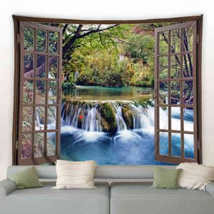 Tapestry fönster vackra landskap mattvägg hängande gröna träd skog wate