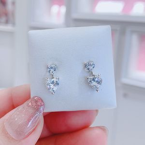 925 Sterling Silver Double Heart Sparkling Stud Earrings Fits European Pandora Style Jewelry Fashion Earrings