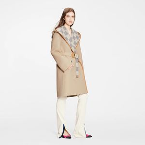 MLV-2 2022 Neuer Frühlings- und Herbst-Schachbrett-Woll-Wollmischungen für Damen mit doppelter Abnutzung der Taille, schlanker Kapuzenmantel, bedruckter Trenchcoat-Trend