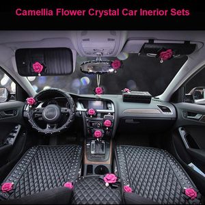 Bilstolskydd Rose Camellia Flower Interiör Tillbehör Styling Crystal Leather Steering Wheel Cover Hand Brake Gear Belt SETS