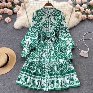 Fashion women's stand collar single breasted green print floral lantern long sleeve knee length royal style dress SML