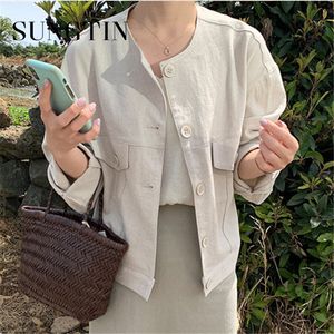 Sungtin Linen Cotton Blouse Coat Jacket Women Elegant Korean Loose Female Casual Linen Thin Jacket Vintage Pockets Streetwear 220815