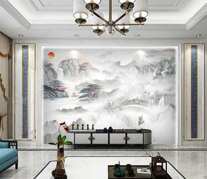 Niestandardowa tapa 3D Mural salon sypialnia Nowy chiński styl kamienny wzór krajobrazowy naklejki ścienne