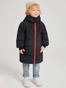 Cappotto invernale lungo da bambino con pannello a contrasto, cerniera e cappuccio LEI