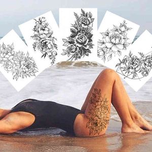 NXY Temporary Tattoo Sexy Flower Tattoos for Women Body Art Painting Arm Legs Sticker Realistic Fake Black Rose Waterproof 0330