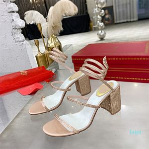 Designer verzierte Sandalen mit klobigen Absätzen, 75 mm, Strass, Roségold, Abendschuhe, Damen-Wickelkleid mit hohen Absätzen