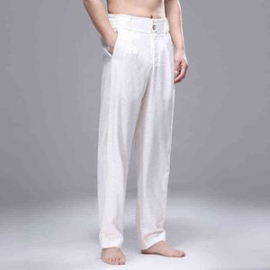 Summer Men Linen Pants rozciągnij talię prosta oddychający man Casual Man Chińczyk tradycyjny harajuku szeroka rura J220629