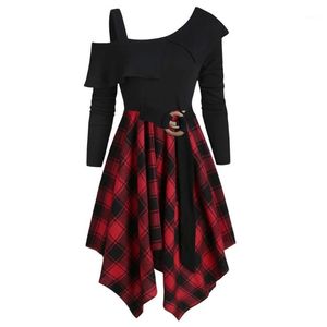 Casual Kleider Gothic Kleid Plaid Mini Party Womne Plus Größe Skew Neck Gürtel Taschentuch Goth Punk Vestidos