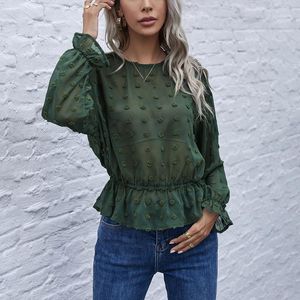 Kvinnors Blusar Skjortor Mörkgrön Mesh Sheer Women 2022 Vår Höst Full Sleeve O Neck Ladies Patchwork Casual Pullover Toppar och