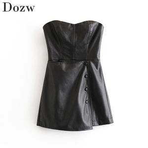 Sexy Backless Black Pu Leather Jumpsuit Women Buttons Solid Skinny Party Playsuit Lady Sleeveless Zipper Stylish Club Bodysuit 210515