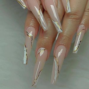 False Nails Press On Nude Pink Long White Gold Line Decals Coffin Fake Removable Ballerina Faux Nail Art TipsFalse