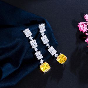 Dangle Chandelier ThreeGraces Yellow Cubic Zirconia Geometric Square Long Drop Earrings For Women Fashion Silver Color Party Jewelry ER736
