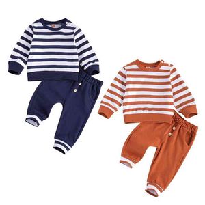 Citgeett Frühling Herbst Winter 0-24 Monate Kleinkind Baby Junge Mädchen 2-teiliges Set Gestreifte Lange Ärmel Top n Knöpfe Hosen Baby Outfit Set J220711