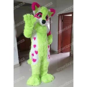 Halloween Green Long Fur Husky Dog Fox Mascot Costume Cartoon Anime Theme Character vuxna storlek Jul karneval födelsedagsfest utomhus outfit