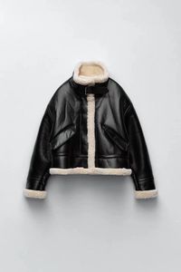 Faux Fur Women Fashion Thick Warm Faux Leather Shearling Jacket Coat Vintage Long Sleeve Flap Pocket Female Outerwear Chic Tops