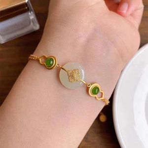 Beaded Strands Inlaid Natural Hetian Chalcedony Gourd Bracelet Chinese Style Retro Unique Ancient Gold Craft Charm Women's Brand Jewelry Tru