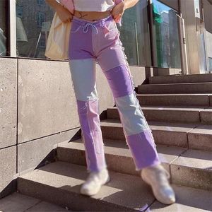 Autumn Patchwork Straight Denim Women's Pants High midja blixtlåsficka kvinnliga byxor Fashion Streetwear Casual Ladies Bottom 210302