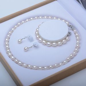 Hand knotted 8-9mm white freshwater rice pearl necklace bracelet earring set for women fashion jewelry