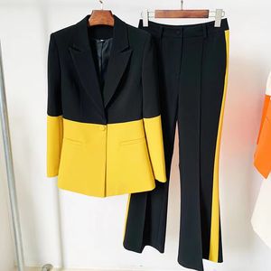 B1121 Anniversary Cocktail Prom Party Designer Runway Suit Set Women's Star Style Single Button Color Block Blazer Flare Pants Suit