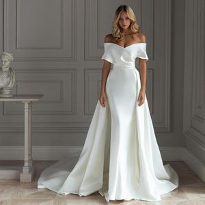 Stylish Mermaid Wedding Dresses With Detachable Train Off The Shoulder Neck Plus Size Bridal Gowns Satin Vestido De Novia 415