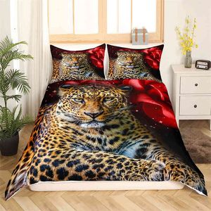 Trösterbezug mit Rosen- und Leopardenmuster, 3D-Tier-Themen-Bettwäsche-Set, romantische rote Blumen-Bettdecke für Mädchen, Paare, Schlafzimmer-Dekoration