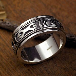 Sechs-Charakter Mantra 925 Sterling Silber Ring Männer und Frauen Retro Thai Silber Paar Modeschmuck Persönlichkeit kann gedreht werden