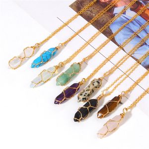 Gold Reiki Healing Jewelry Hexagonal Crystal stone Necklace Wire Wrap Stones Bullet Rose Quartz Necklace Pendulum Chakra MKI