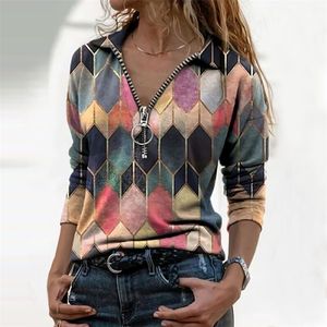 Geometric Print tops Women Polo Shirt Colorful Lapel Half Zipper Long Sleeve Shirt Casual Brief Elegant Shirts Harajuku Tops 220720