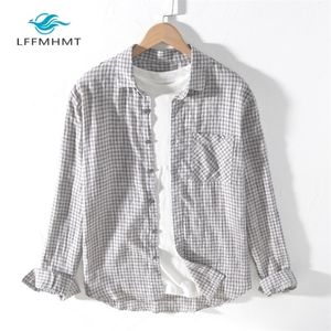 Men Spring And Autumn Fashion Brand Japan Style Vintage Classic Plaid Pure Linen Long Sleeve Shirt Male Casual Loose Shirt Cloth