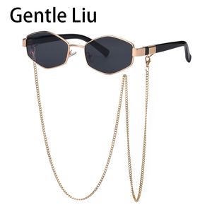 Moda vintage hexágono com corrente colar óculos de sol pequeno quadro óculos de sol marca luxo designer óculos uv400 lunettes w220422