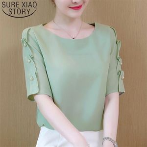 Moda Women Shirt Chiffon tops com miçanga de manga curta Mulheres verdes e brancas camisa branca Tops Roupos femininos 0744 30