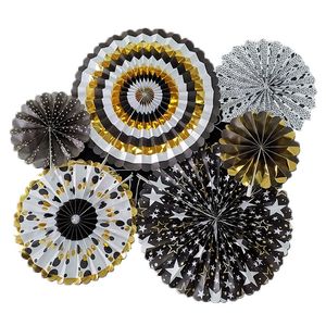 Nicro 6 pcs/Set Black Gold Single-Layer Round Paper Fan Flower Set Birthday Party Anniversary Decoration Supplies #FS28 200929